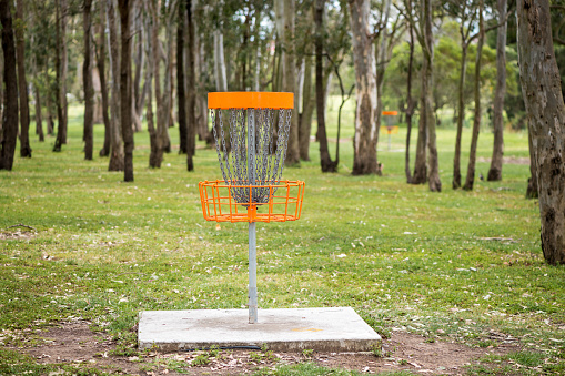 Disc golf (frolf) basket in a park obstacle course with a shallow depth of field