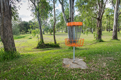 Disc golf (frolf) basket in a park obstacle course