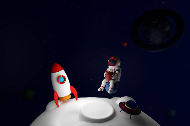 istock Astronaut with rocket and shuttle floating in space with asteroids moon and UFO, 3D rendering. 1474268374