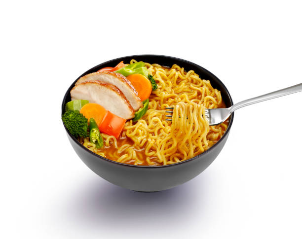 Bowl of Noodles with sauce on white background