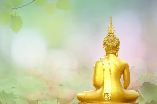 Photo of Makha Bucha Day.Vesak Day.Asanha Bucha.Buddhist Lent.Buddha statue background blurred flowers and sky with the light of the sun.