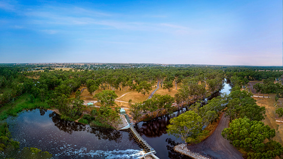 Aerial views of the weir on the Wimmera River in western rural Victoria at Dimboola