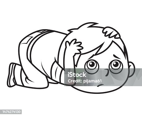 istock Black And White, A boy crouching and protecting her head with her arms, isolated on white background. 1474274130