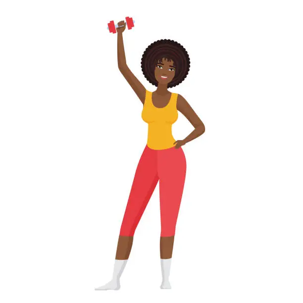 Vector illustration of Happy fitness trainer holding dumbbell