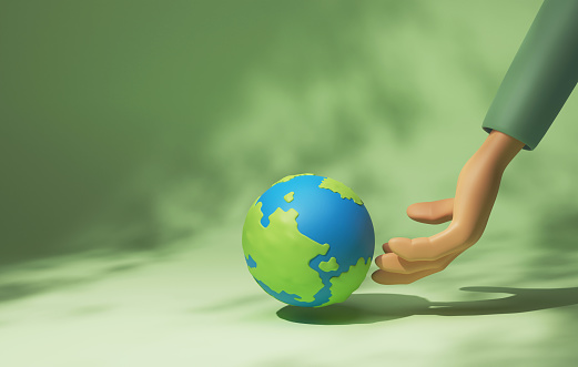 Hands touching earth on green background. Earth day green energy, renewable resources global environmental sustainability, environmental protection. 3d render illustration.