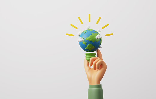 Hand holding light bulb and globe in light bulb on white background. Clean energy use and sustainable environmental protection around world, ESG for environment. 3D render illustration.