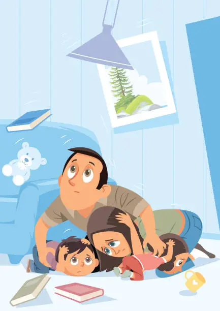 Vector illustration of Illustration of a family frightened by a sudden earthquake.