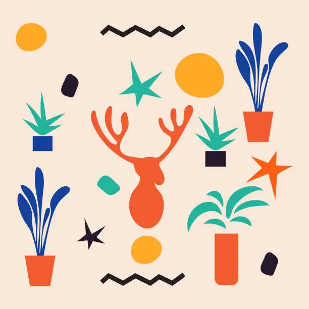 Vector illustration of Flat Fauvist style abstract colorful illustration of a deer in a pot with plants and stars shapes background illustration for print elements.