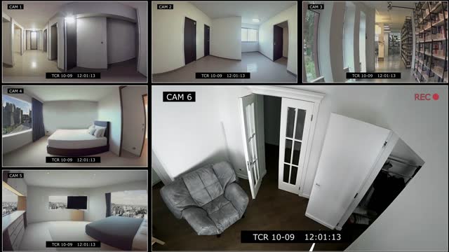 split screen video surveillance system. CCTV cameras record the entry of a burglar into the house.