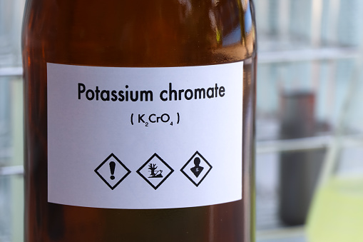 potassium chromate in bottle , chemical in the laboratory and industry, Chemical used in the analysis