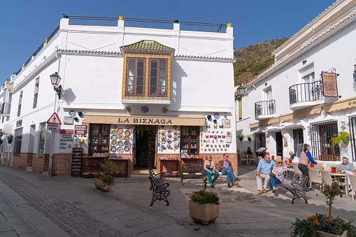 Street café in the historic Spanish white village pueblo blanco of Mijas Pueblo, Spain on Wednesday 22nd February 2023