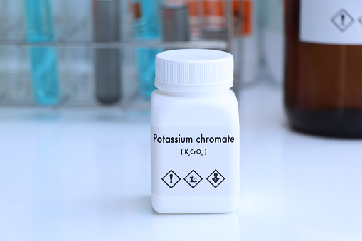 potassium chromate in bottle , chemical in the laboratory and industry, Chemical used in the analysis