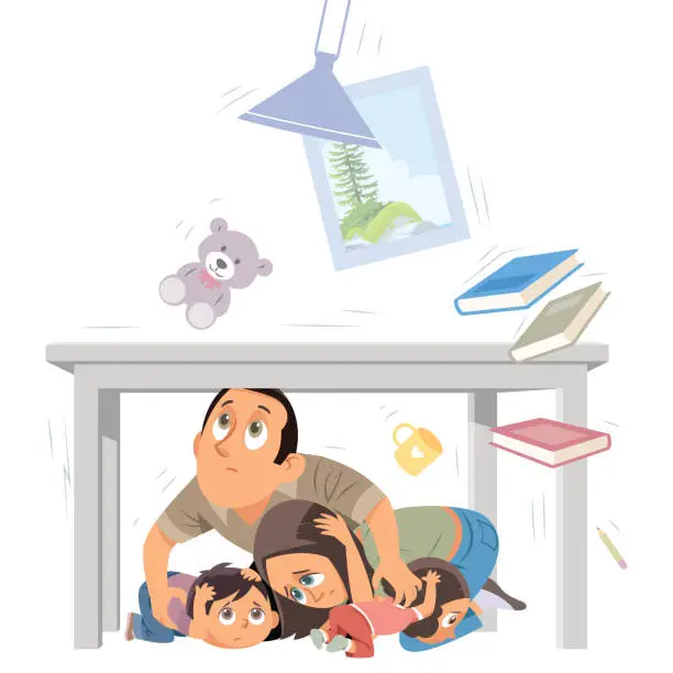 Vector illustration of Family taking shelter under the desk