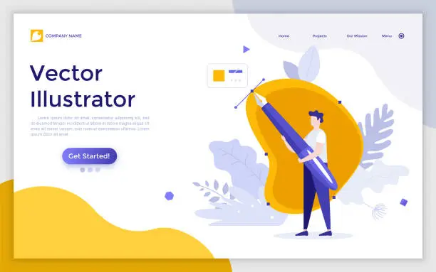 Vector illustration of Landing page template with artist or designer drawing Bezier curve using pen tool. Concept of illustrator, graphic editor, program for digital art and design. Flat vector illustration for website.