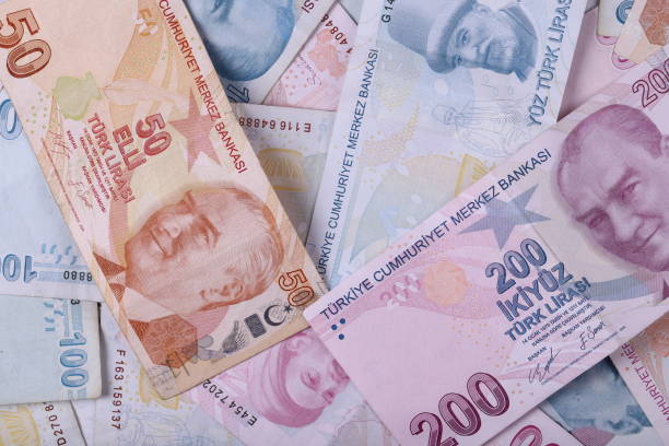 Turkish banknotes. TRY or TL. Numbers macro shot.5,10,20,200 Turkish Lira stock photo
