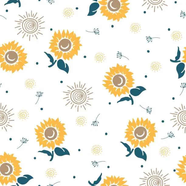 Vector illustration of Abstract Summer Sunflower Garden Vector Graphic Seamless Pattern