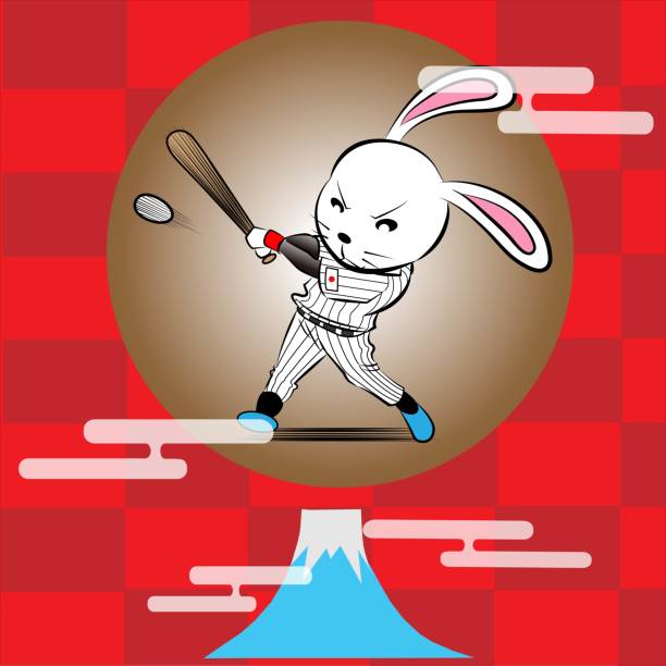 ilustraciones, imágenes clip art, dibujos animados e iconos de stock de jugador de béisbol conejo - single hit