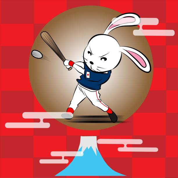 ilustraciones, imágenes clip art, dibujos animados e iconos de stock de jugador de béisbol conejo - single hit