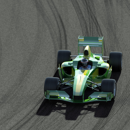 Overhead view of a racing car on a race track. The car is designed and modelled by myself. Very high resolution 3D render.