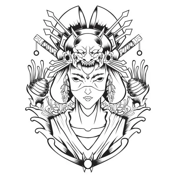 Vector illustration of geisha illustration in black and white