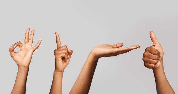 insieme di mani femminili nere. ok, punta, pollice in su e gesto della mano aperta - human hand palm reaching fashion model foto e immagini stock