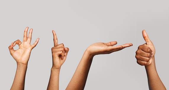 Set of black female hands. Okay, point, thumb up and open hand gesture