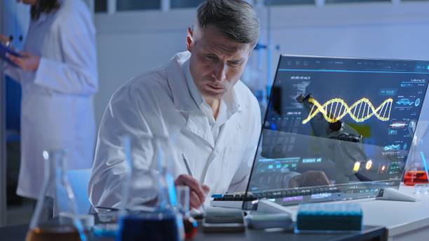 istock Medical lab scientist checking holographic test results, disease diagnostics 1474299185