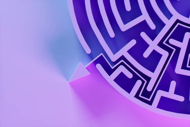 istock Labyrinth maze in circle shape on lilac background with neon lighting 1474299351
