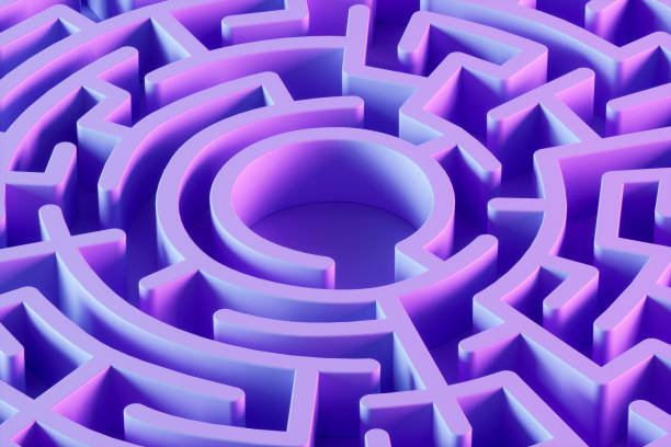 istock Labyrinth maze in circle shape on lilac background with neon lighting 1474299444