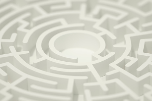 3d rendering of labyrinth maze in circle shape on white background
