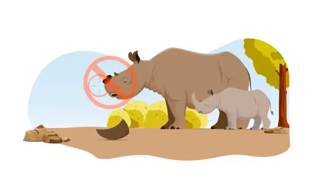 Vector illustration of Vector Rhinos, Vector rhinoceros in rifle sight while hunting. The poacher watches his victim. African animal.. Concepts of Rhino poaching