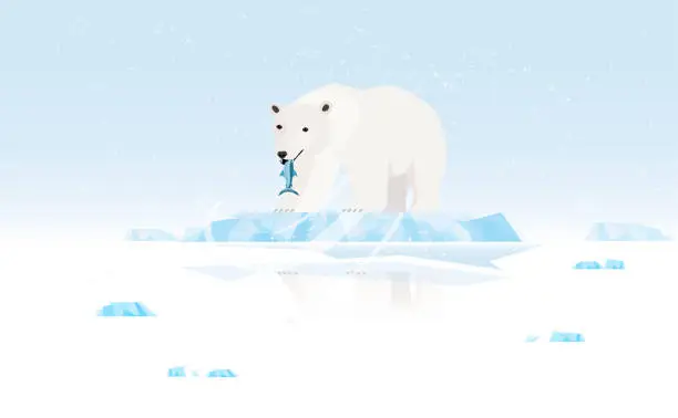 Vector illustration of Polar bear standing on a shrinking ice cap, concept of climate change, climate warming.