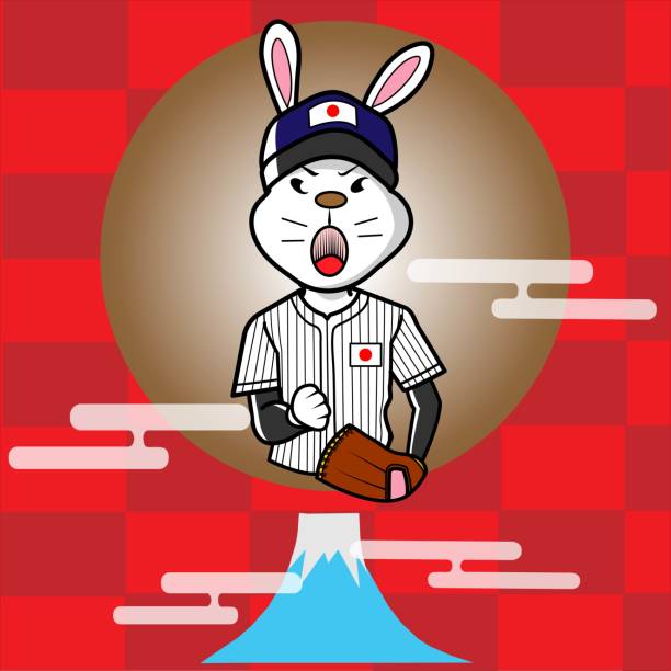 ilustraciones, imágenes clip art, dibujos animados e iconos de stock de jugador de béisbol conejo - single hit