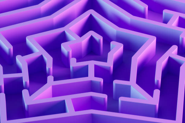 istock Labyrinth maze in star shape on lilac background with neon lighting 1474300327