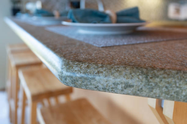 Edge of granite countertop with bullnose in kitchen