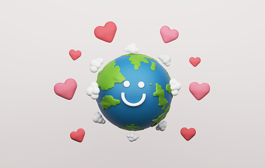 Globe with heart icon on white background Environmental friendly and Earth Day. 3d render illustration.