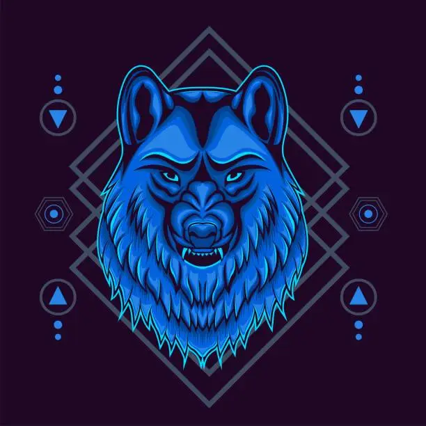 Vector illustration of wolf head illustration with sacred geometry background