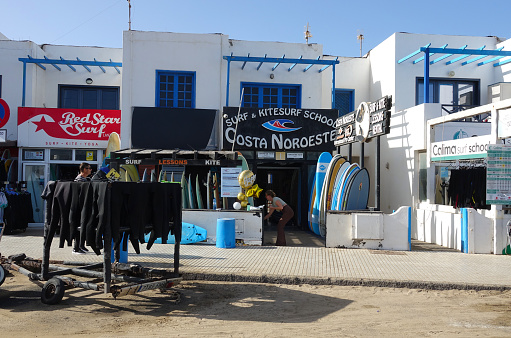 Spain. Lanzarote. Famara. February 05. 2023  In Famara along the main street are several surf shops