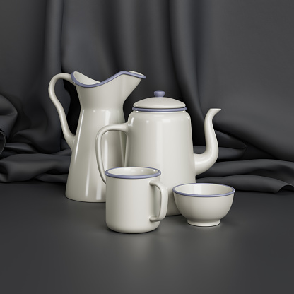 A jug, a Kettle, a mug, and a bowl, white colored on a black surface with a black curtain in the background, Still life concept, 3D illustration