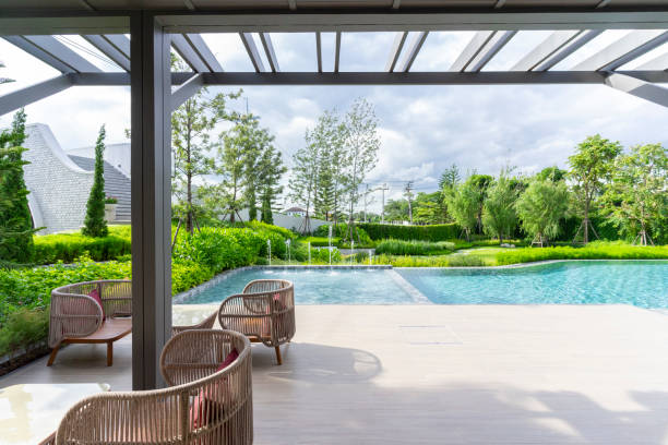 istock Stylish outdoor terrace with swimming pool. 1474305367