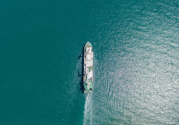 A regional container ship anchored in a still harbour.