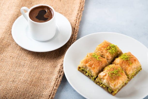 istock Traditional pistachio Turkish baklava with Turkish coffee 1474306716