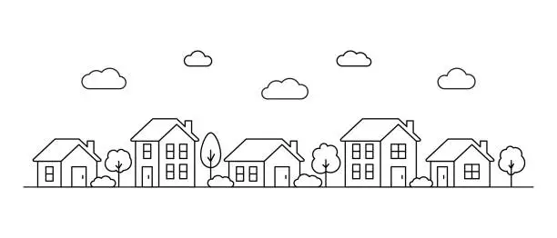 Vector illustration of Neighborhood house, line art. Street building, real estate architecture, apartment. Facade home in country city landscape. Vector illustration