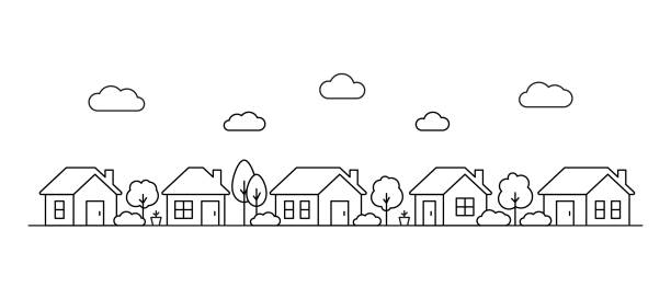 Neighborhood small house, line art. Street building, real estate architecture, apartment. Facade home in country city landscape. Vector illustration Neighborhood small house, line art. Street building, real estate architecture, apartment. Facade home in country city landscape. Vector outline illustration residential district stock illustrations