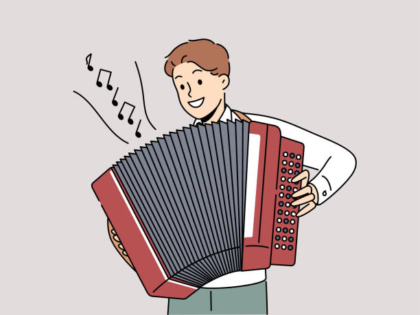 Smiling man play on accordion vector art illustration