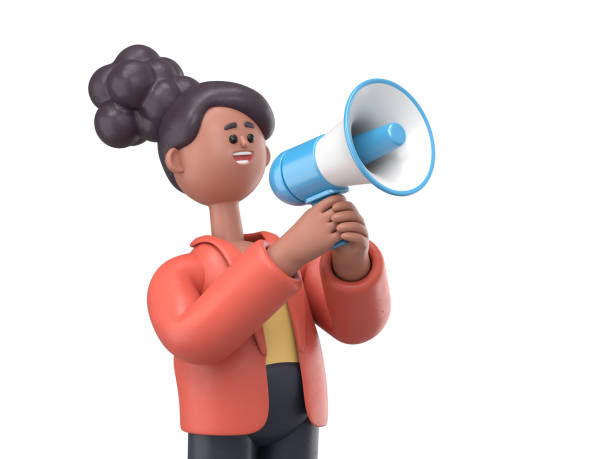 istock 3D illustration of smiling african american woman Coco Using Megaphone For Making Announcement, 3D rendering on white background. 1474308191