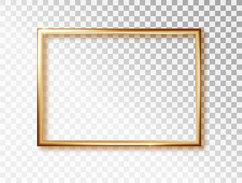 Gold glowing frame with shadows isolated on transparent background. Golden luxury realistic rectangle border with a place for inscriptions