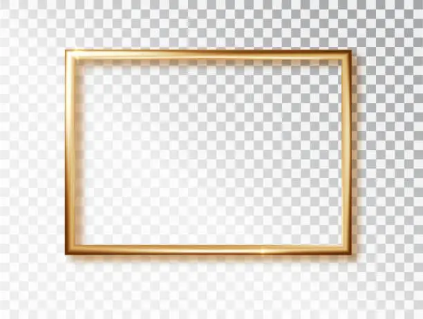 Vector illustration of Gold glowing frame with shadows isolated on transparent background. Golden luxury realistic rectangle border with a place for inscriptions.