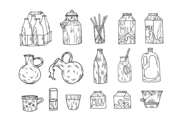 Vector illustration of A big set of containers for milk. Cans, boxes, jars, glasses in line art style.