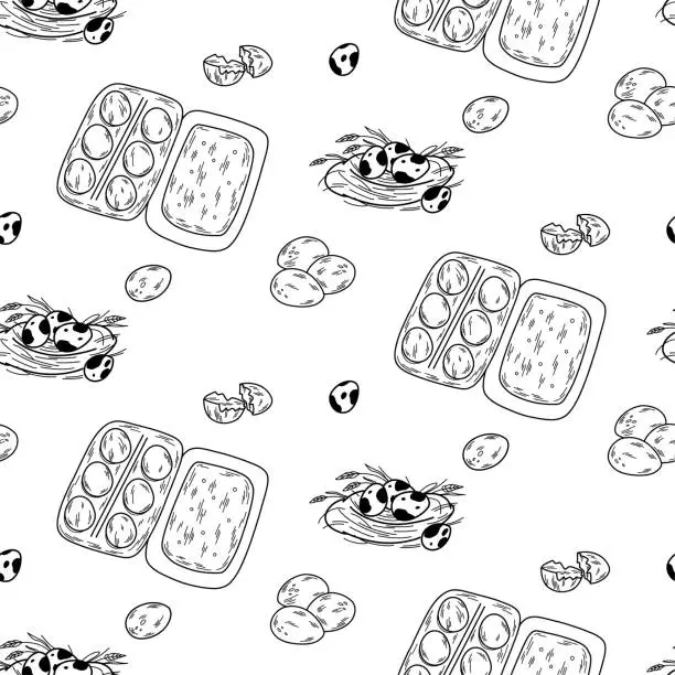 Vector illustration of Seamless pattern with egg motif. chicken eggs in a package, quail eggs in a nest in line art style.